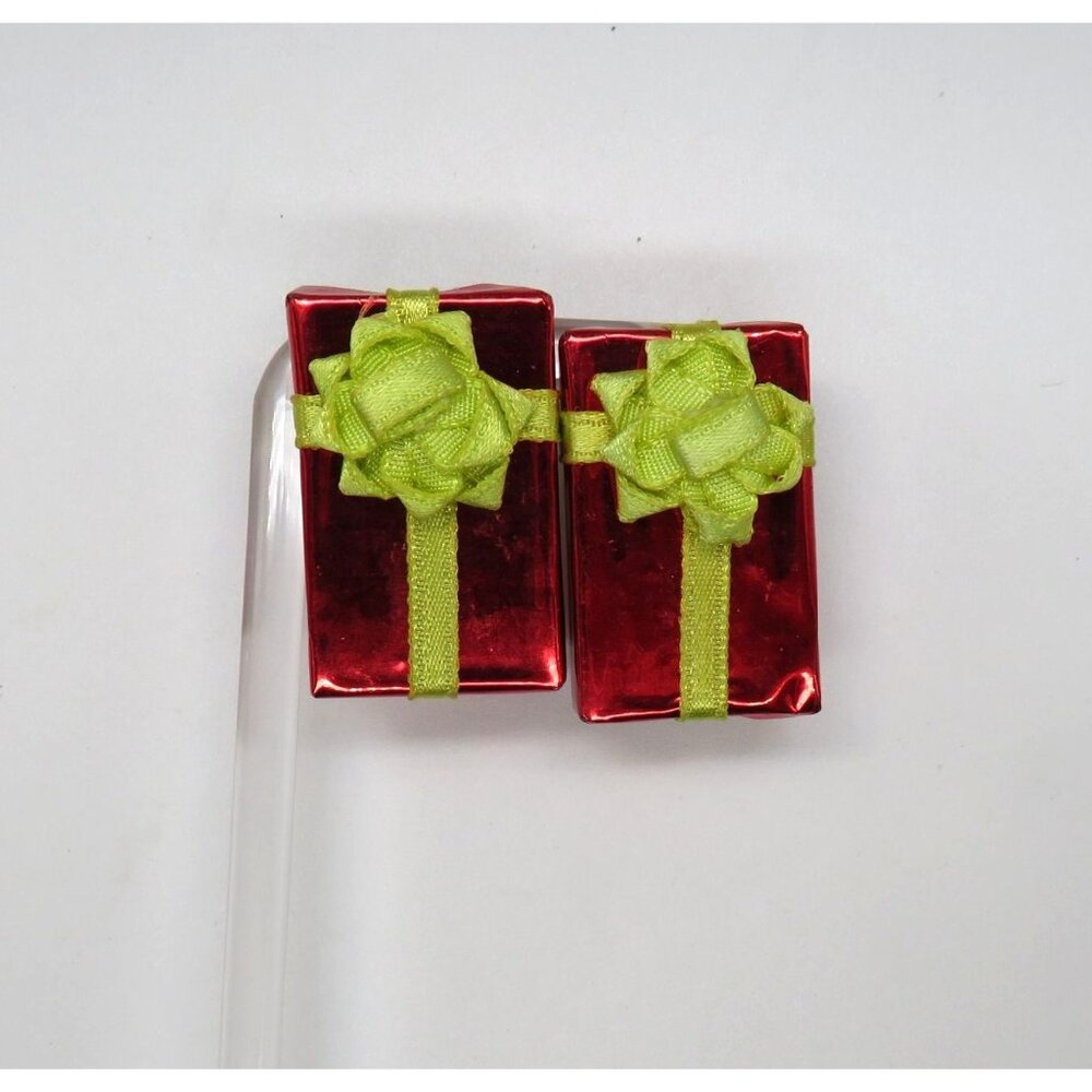Vintage Red Gift Box Clip On Earrings Green‎ Ribbon Bow Christmas Present
